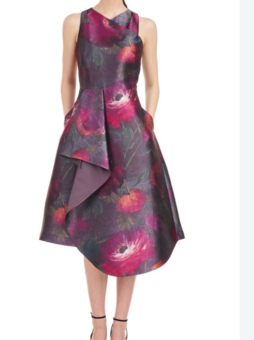 Kay Unger Jessie Floral A-Line Midi Dress in Plum and Magenta
